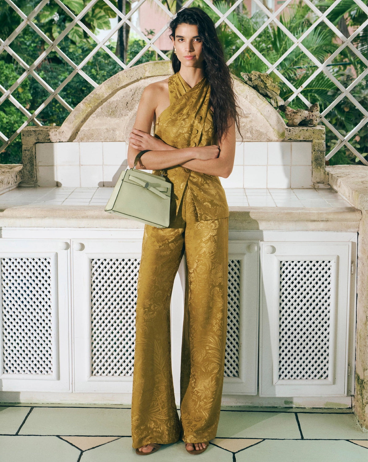 Veronica Beard | Ronin Wide-Leg Jacquard Pant in Gold Ochre Gold Ochre