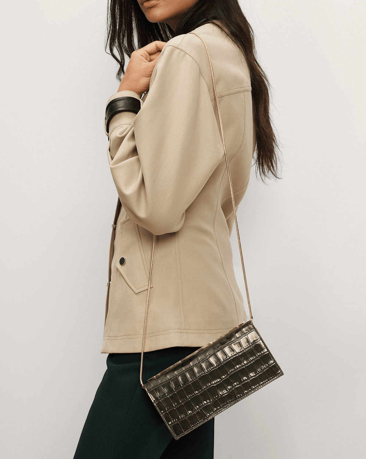 Veronica Beard | Barre Crocodile Clutch in Green Cypress Cypress