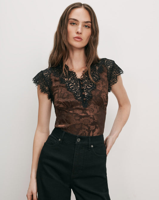 Veronica Beard | Pascaline Lace-Trimmed Top in Dark Brown Espresso