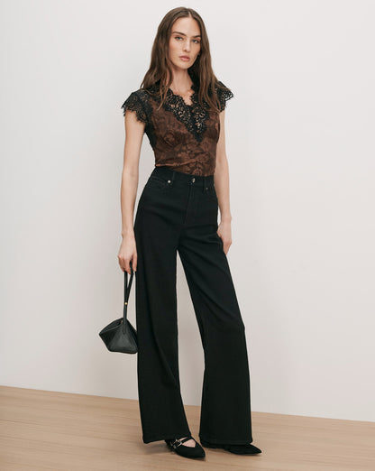 Veronica Beard | Pascaline Lace-Trimmed Top in Dark Brown Espresso