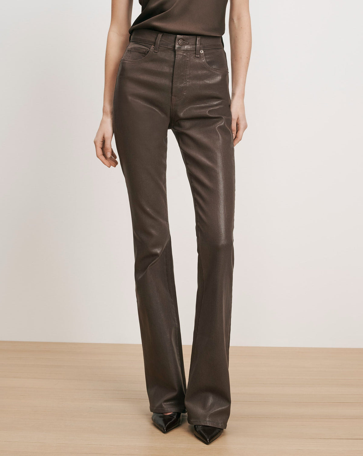 Veronica Beard | Beverly Skinny-Flare Jean in Espresso Brown Coated Denim Espresso