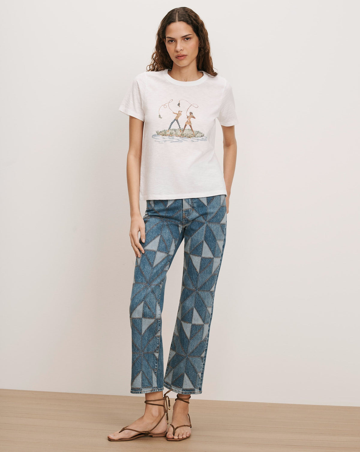 Veronica Beard | Carla Crewneck T-Shirt in White Fly Fishing Print Multi/Fg Fisher Girl