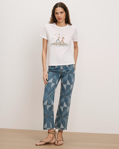 Veronica Beard | Carla Crewneck T-Shirt in White Fly Fishing Print Multi/Fg Fisher Girl