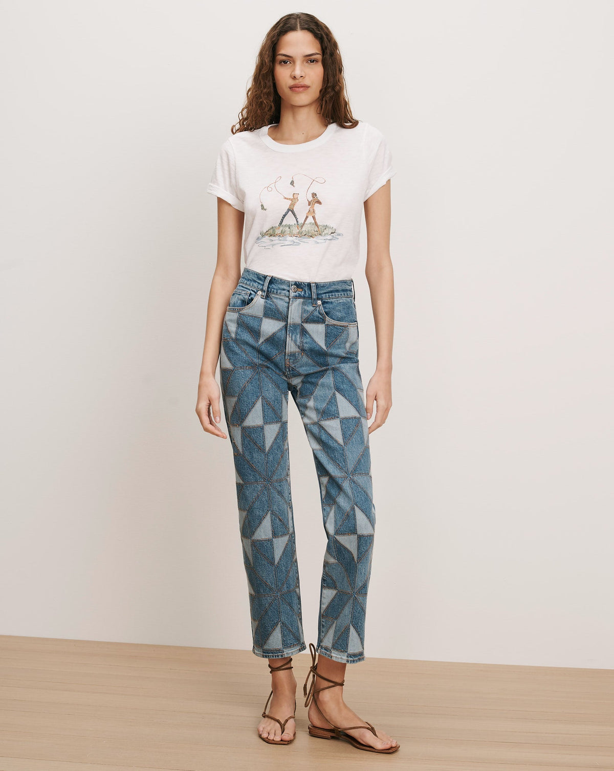 Veronica Beard | Carla Crewneck T-Shirt in White Fly Fishing Print Multi/Fg Fisher Girl