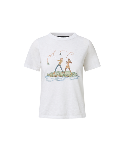 Veronica Beard | Carla Crewneck T-Shirt in White Fly Fishing Print Multi/Fg Fisher Girl