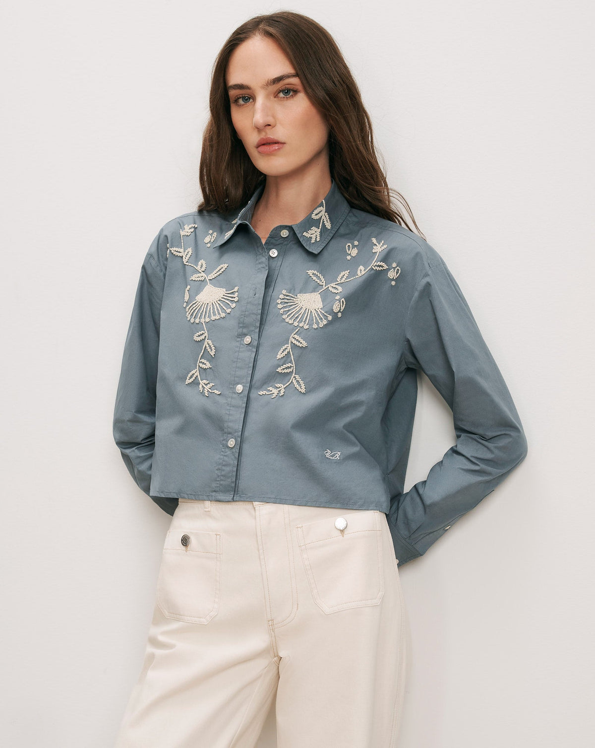 Veronica Beard | Aderes Beaded Button-Down Shirt in Blue Steel Blue Steel