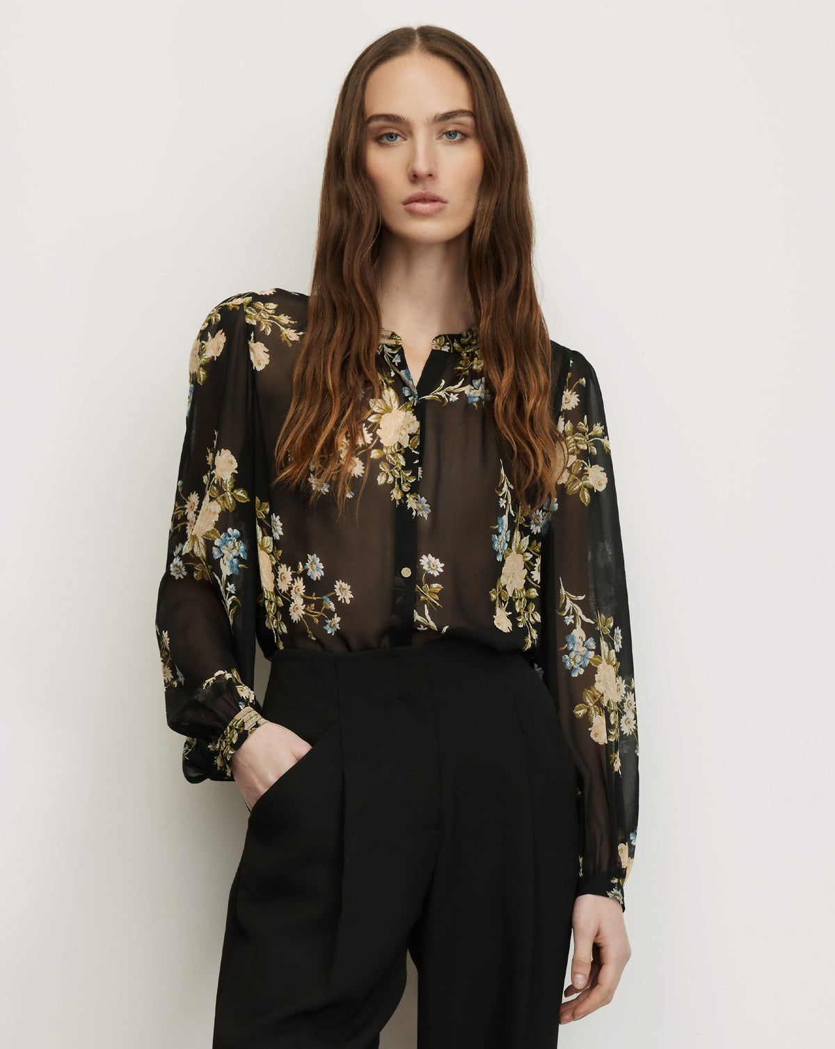 Veronica Beard | Ashlynn Silk Blouse in Black Floral Multi Black Multi