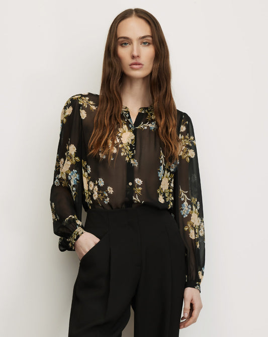 Veronica Beard | Ashlynn Silk Blouse in Black Floral Multi Black Multi