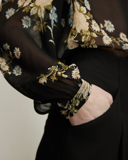 Veronica Beard | Ashlynn Silk Blouse in Black Floral Multi Black Multi