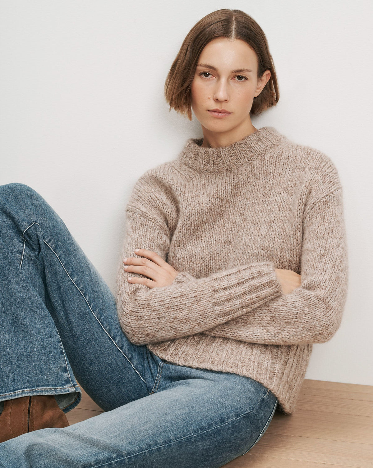Veronica Beard | Andi Mock-Neck Sweater in Marled Oatmeal Mohair Marled Oatmeal
