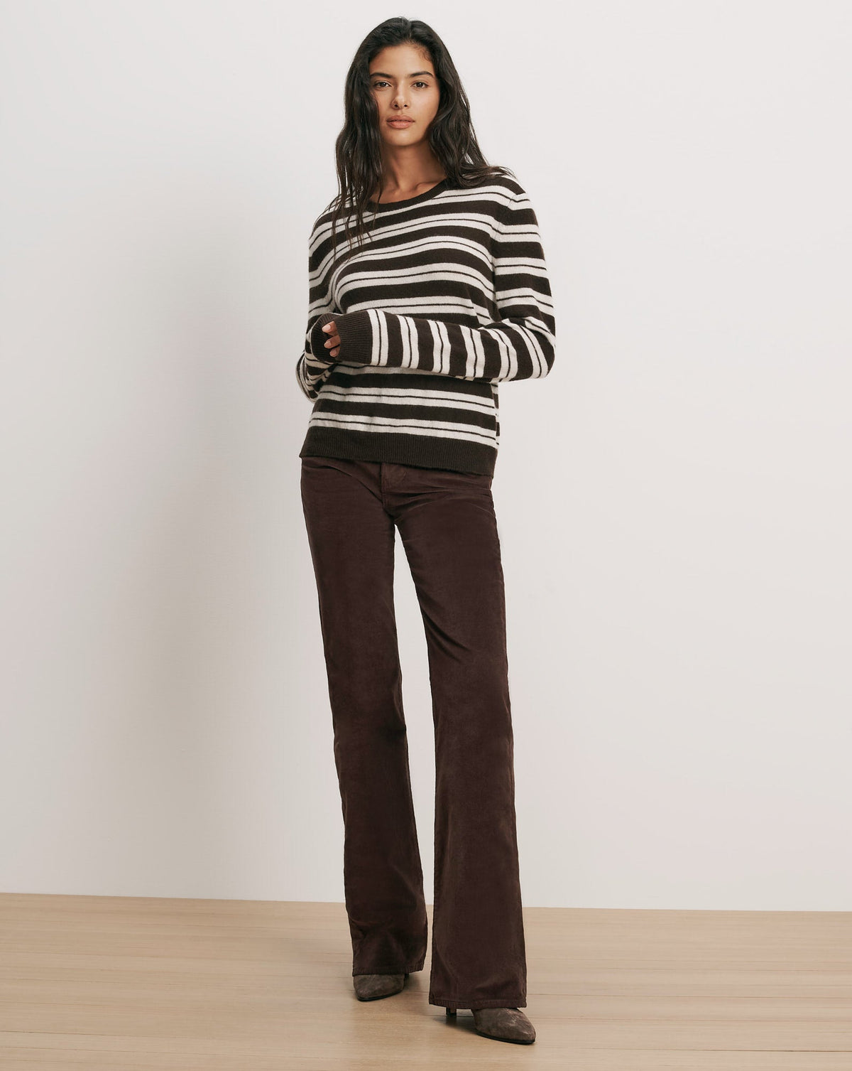 Veronica Beard | Frankie Cashmere Pullover in Dark Brown & White Stripes Espresso/Ivory