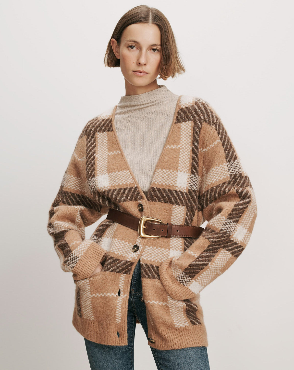 Veronica Beard | Covey Plaid Cardigan in Camel Multi Camel Multi