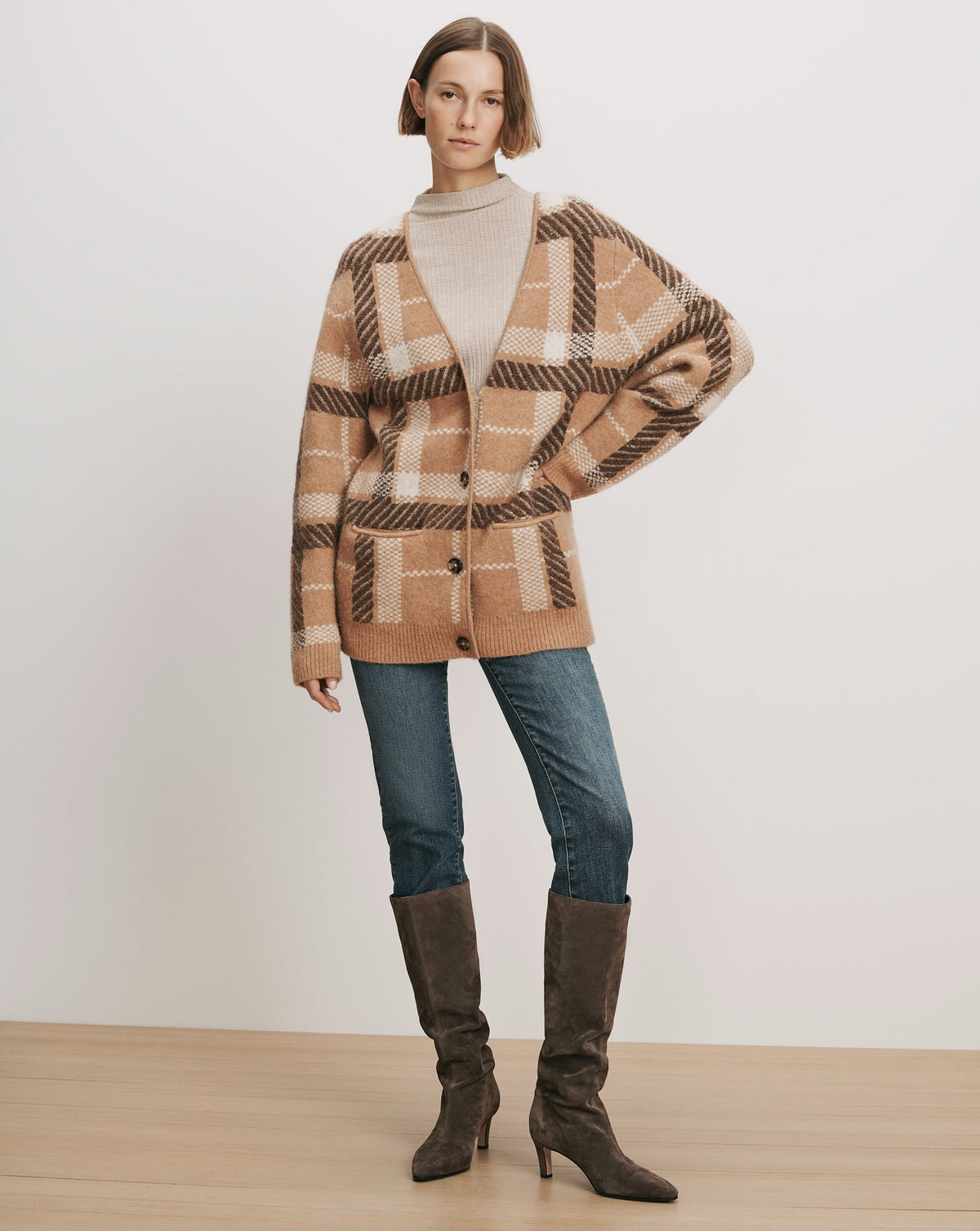 Veronica Beard | Covey Plaid Cardigan in Camel Multi Camel Multi