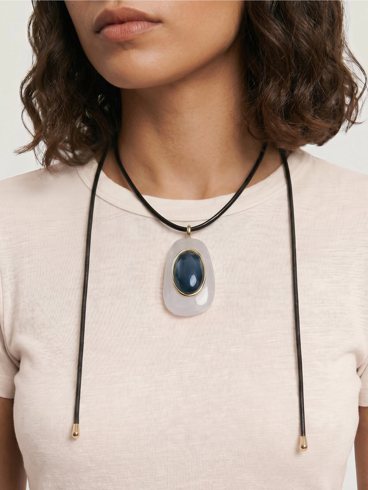 Veronica Beard | Black Leather Pendant Necklace in Black/White White/Blue
