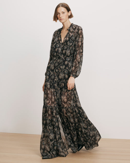 Veronica Beard | Isra Silk Maxi Dress in Black Paisley Black Multi