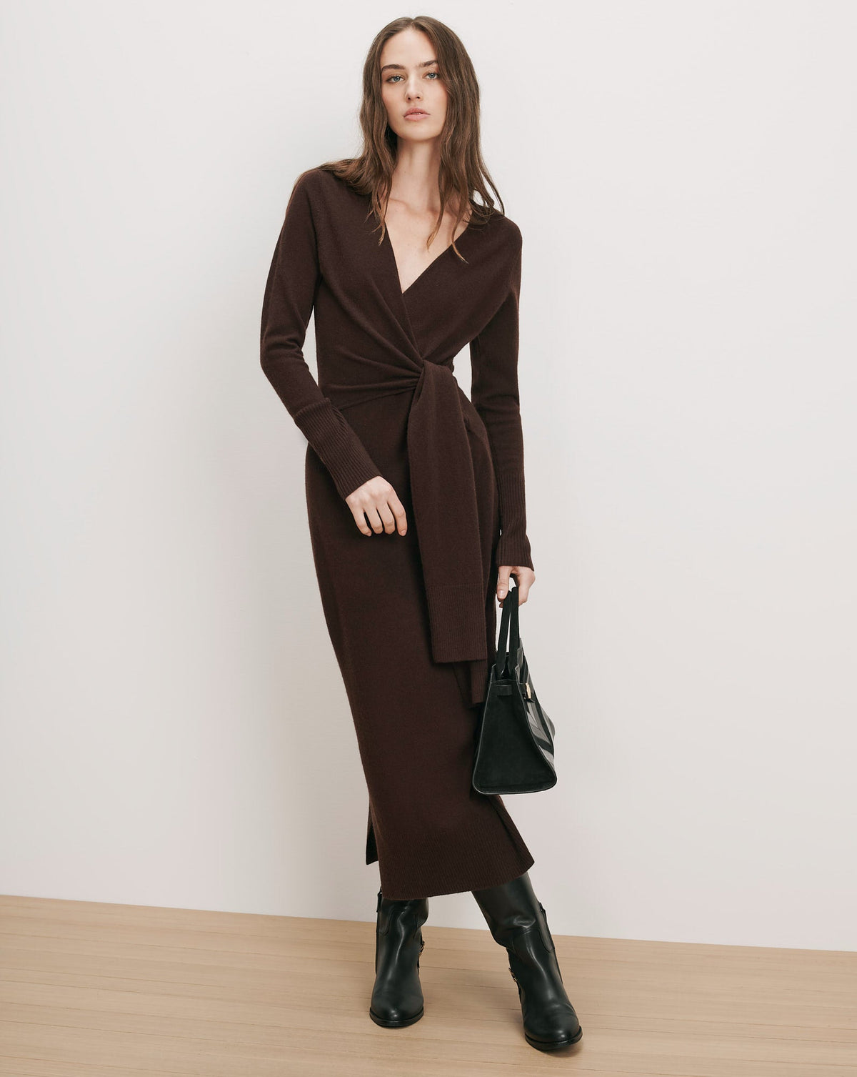 Veronica Beard | Salomez Wrap Midi Dress in Dark Brown Espresso