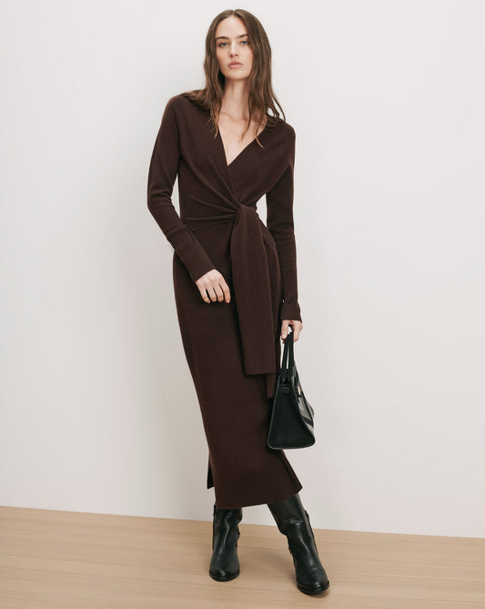 Veronica Beard | Salomez Wrap Midi Dress in Dark Brown Espresso