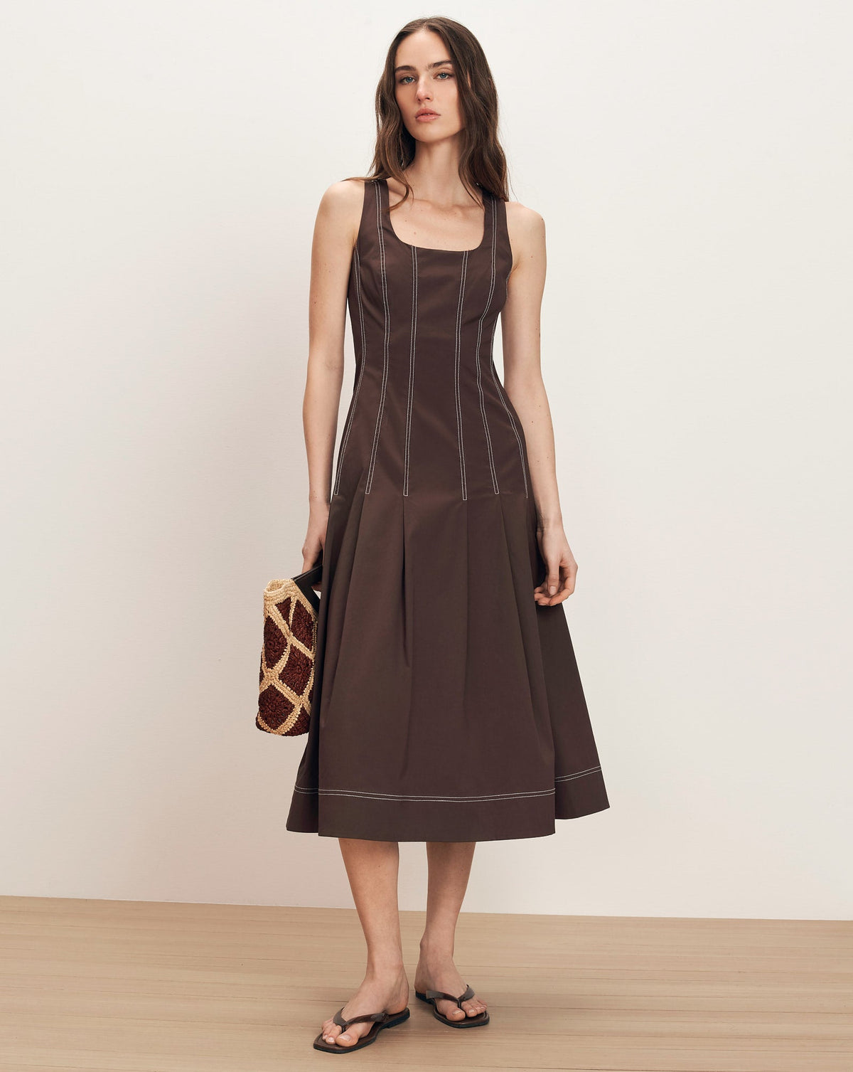 Veronica Beard | Jolie Cotton Poplin Midi Dress in Dark Mocha Dark Mocha