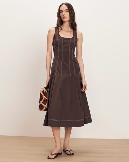 Veronica Beard | Jolie Cotton Poplin Midi Dress in Dark Mocha Dark Mocha