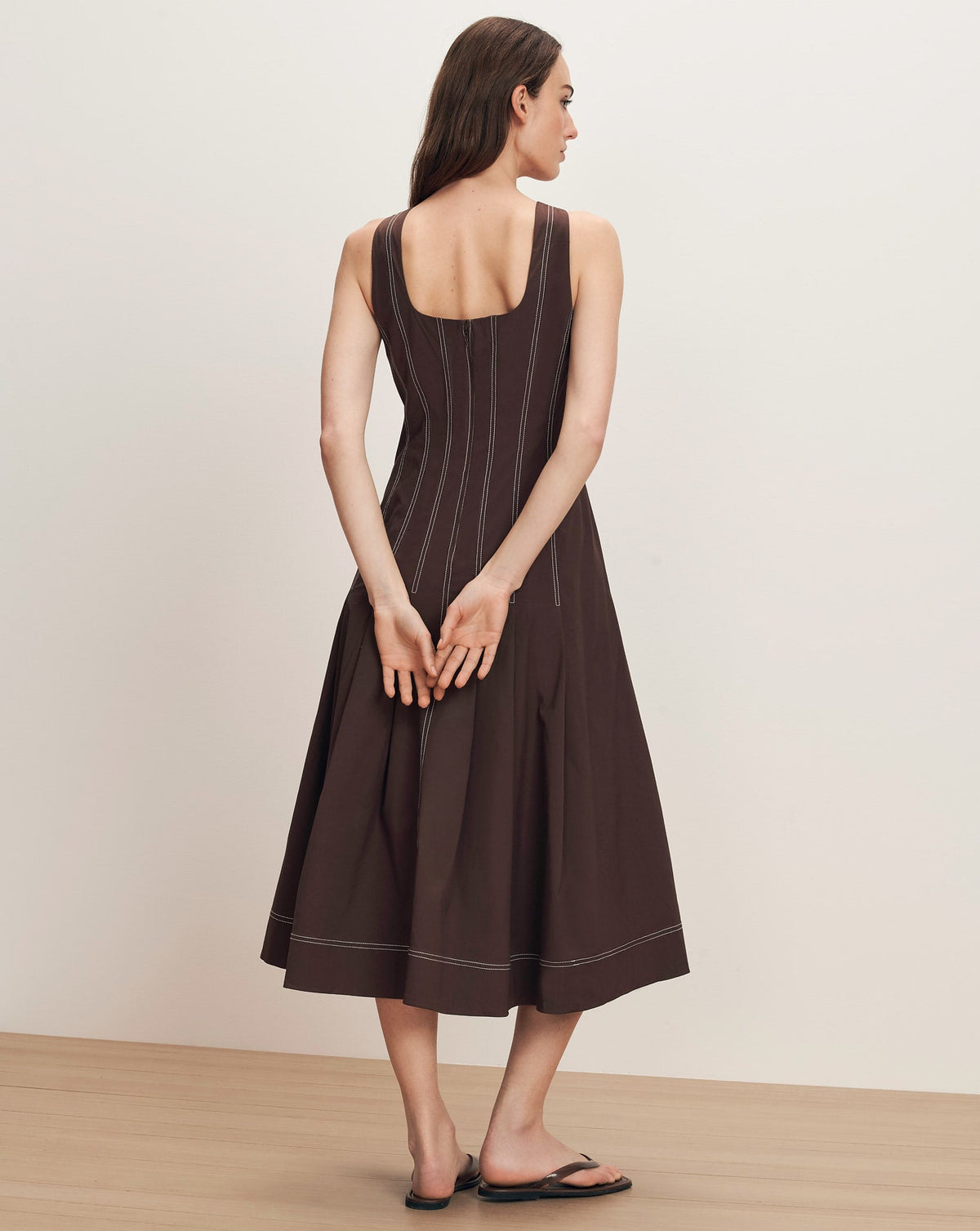 Veronica Beard | Jolie Cotton Poplin Midi Dress in Dark Mocha Dark Mocha