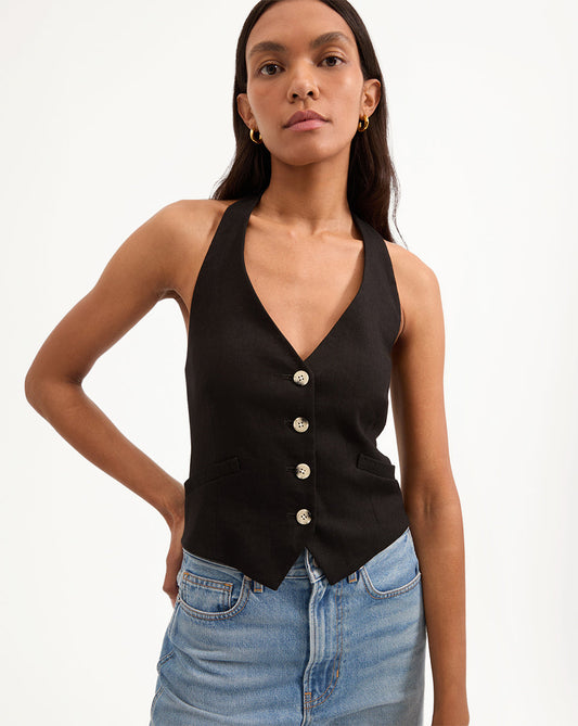 Veronica Beard | Arabella Stretch-Linen Vest in Black Black