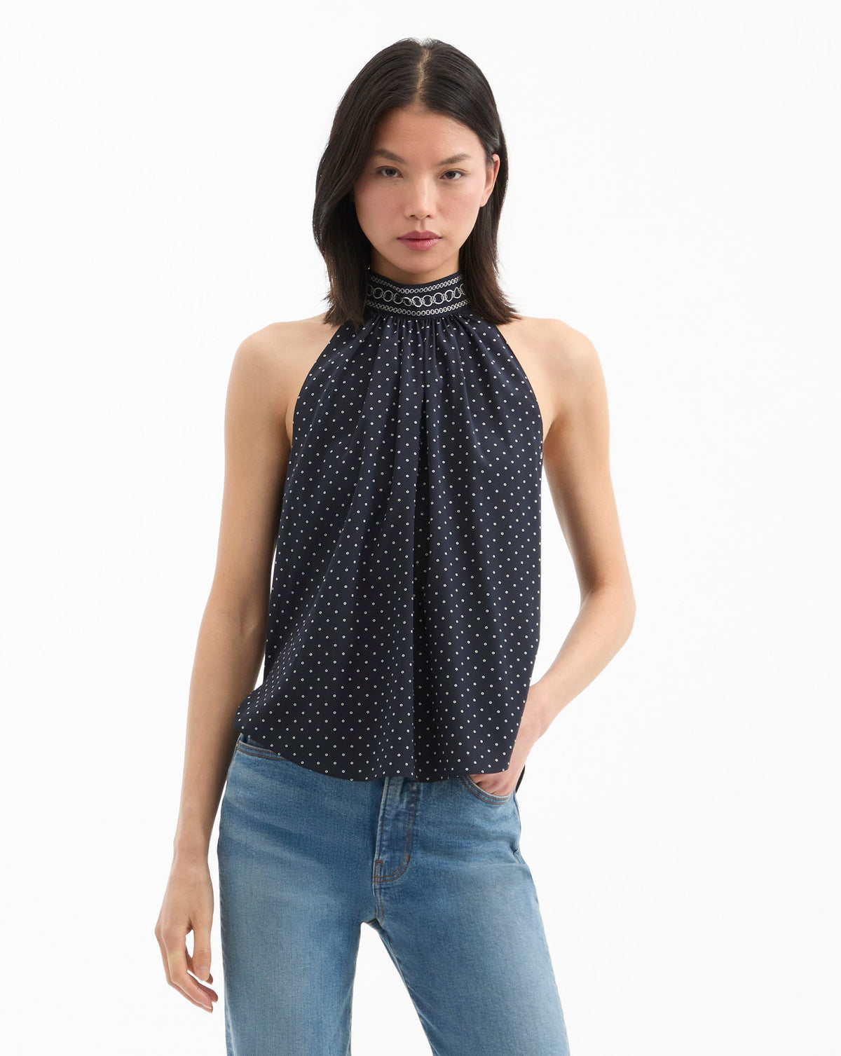Veronica Beard | Kovi Halter Top in Navy Polka Dots Navy Multi