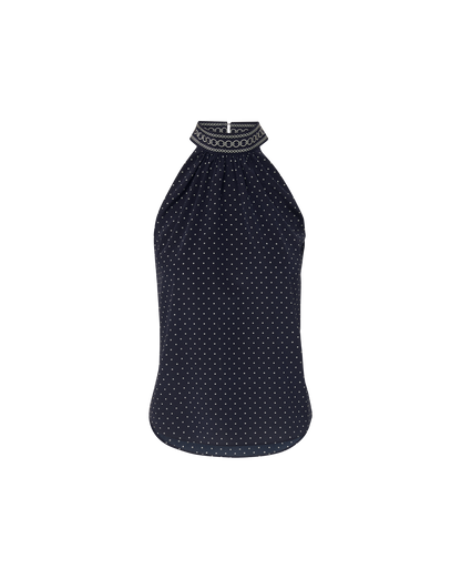 Veronica Beard | Kovi Halter Top in Navy Polka Dots Navy Multi