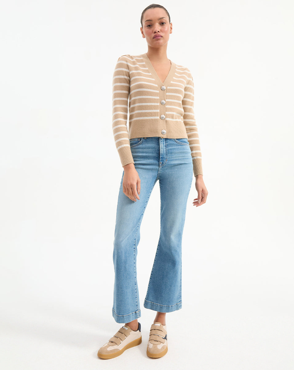 Veronica Beard | Solene Striped Cashmere Cardigan in Tan & White Sand/Ivory