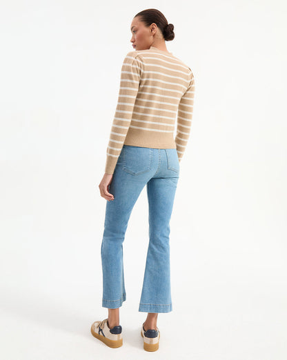 Veronica Beard | Solene Striped Cashmere Cardigan in Tan & White Sand/Ivory
