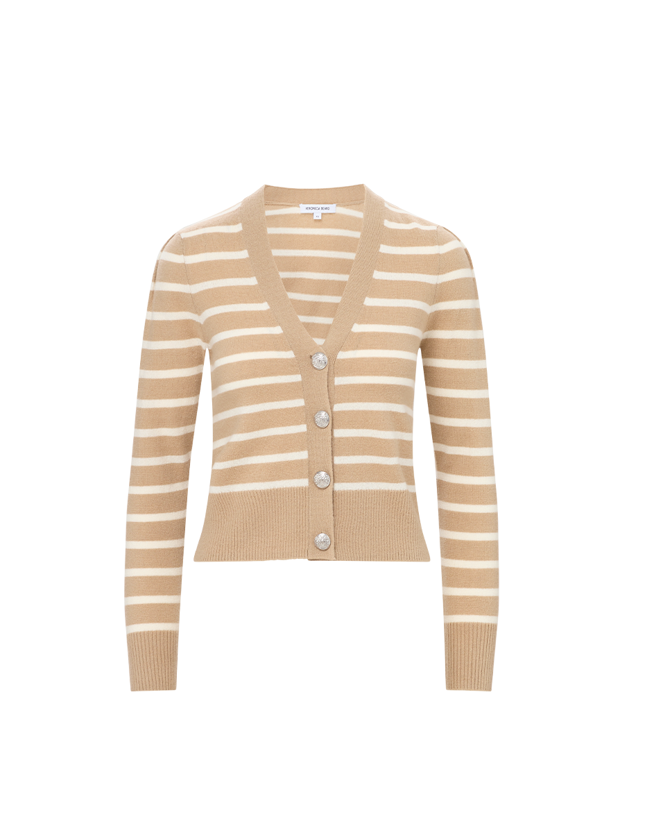 Veronica Beard | Solene Striped Cashmere Cardigan in Tan & White Sand/Ivory