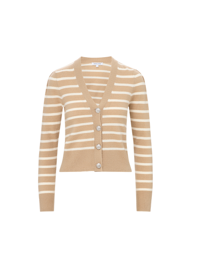Veronica Beard | Solene Striped Cashmere Cardigan in Tan & White Sand/Ivory