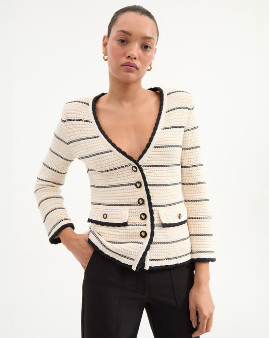 Veronica Beard | Ceriani Knit Jacket in Black & White Stripes Off-White/Black