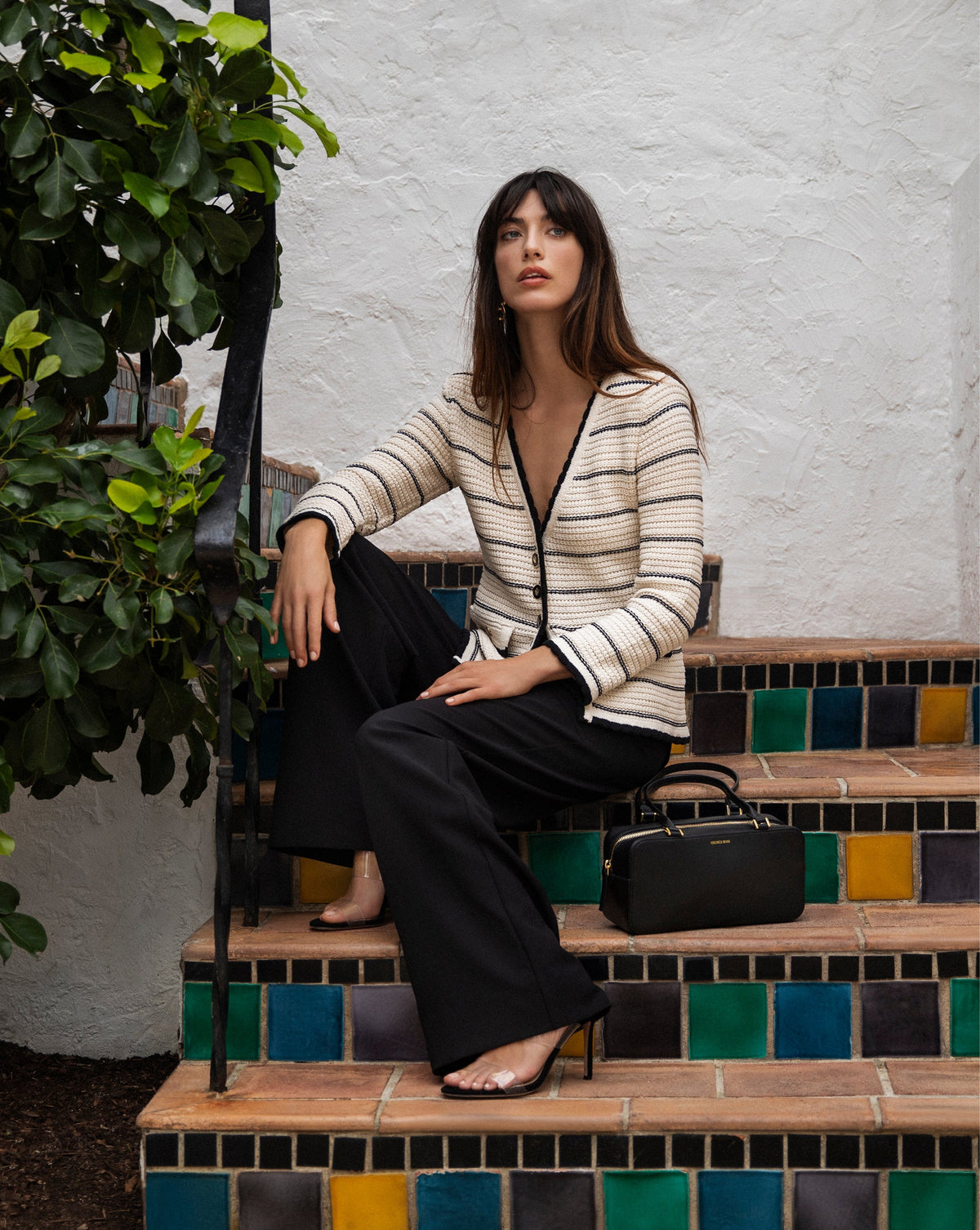 Veronica Beard | Ceriani Knit Jacket in Black & White Stripes Off-White/Black