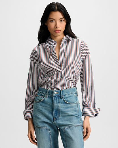 Veronica Beard | Draymond Striped Cuff-Sleeve Shirt in Navy & Red Navy/Brandy Multi