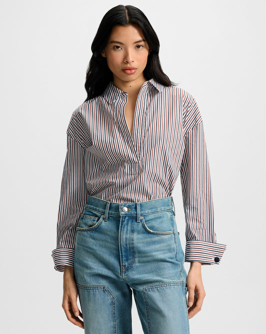 Veronica Beard | Draymond Striped Cuff-Sleeve Shirt in Navy & Red Navy/Brandy Multi