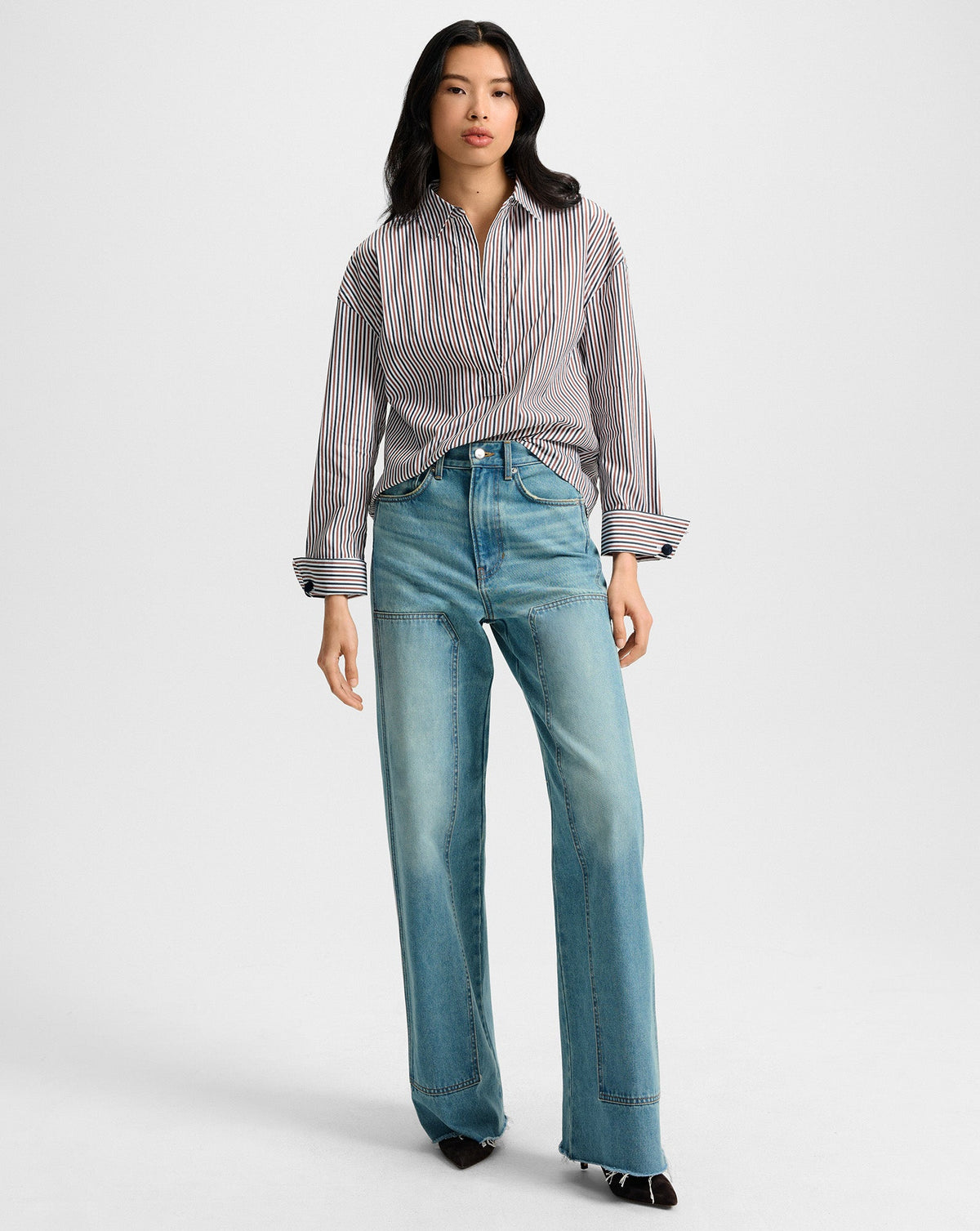 Veronica Beard | Draymond Striped Cuff-Sleeve Shirt in Navy & Red Navy/Brandy Multi