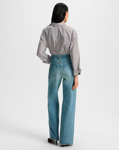 Veronica Beard | Draymond Striped Cuff-Sleeve Shirt in Navy & Red Navy/Brandy Multi