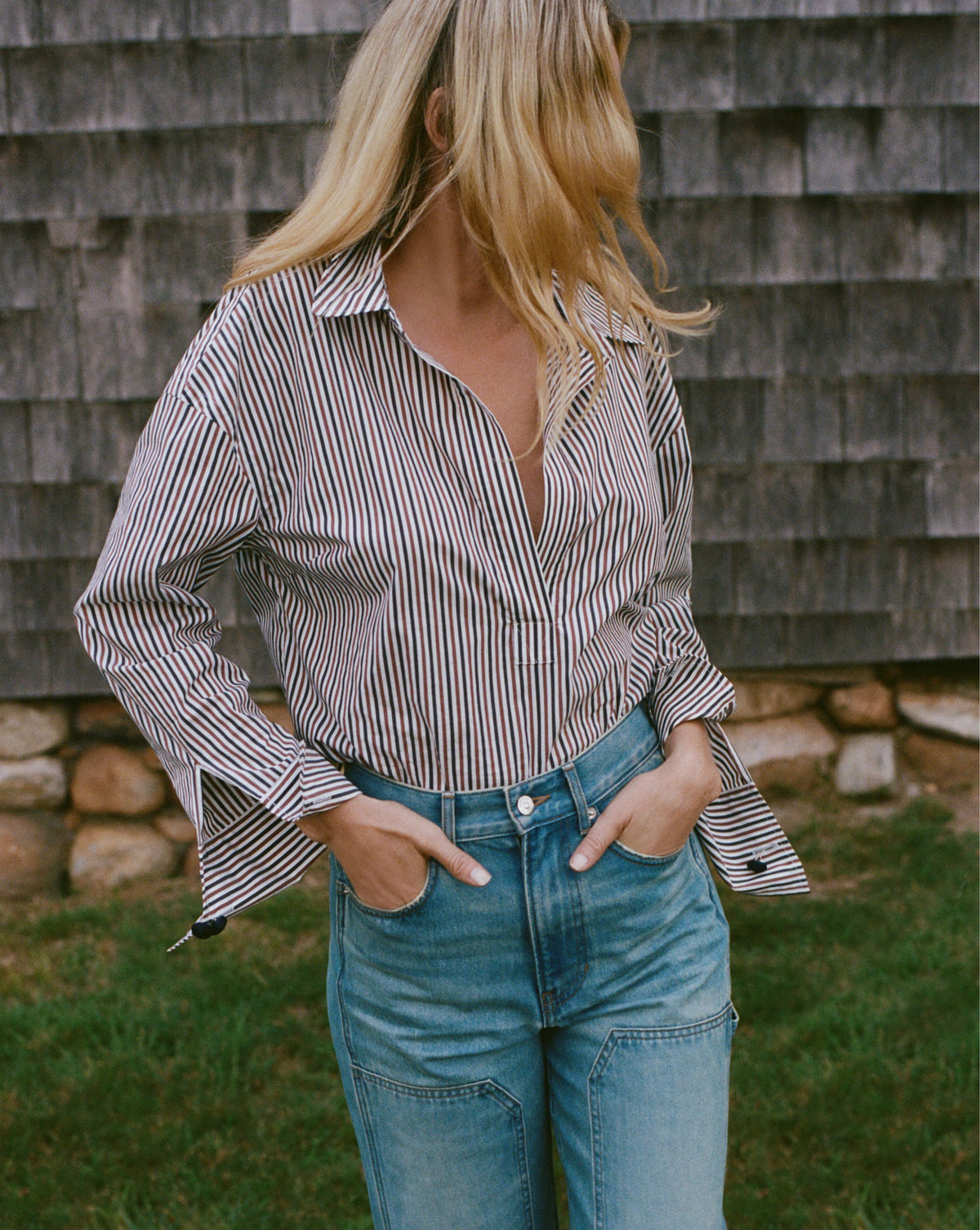Veronica Beard | Draymond Striped Cuff-Sleeve Shirt in Navy & Red Navy/Brandy Multi