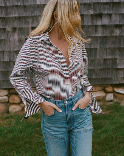 Veronica Beard | Draymond Striped Cuff-Sleeve Shirt in Navy & Red Navy/Brandy Multi