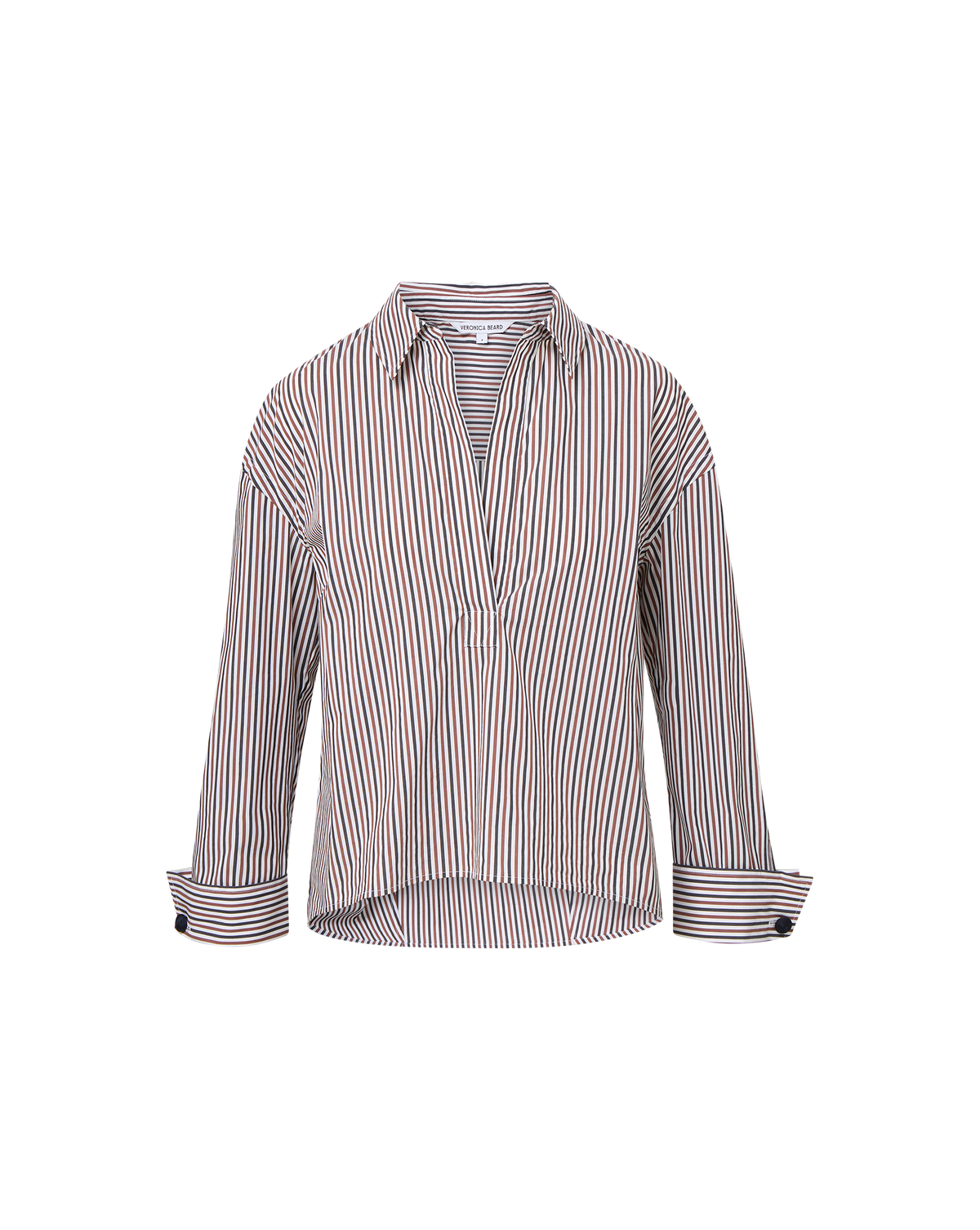 Veronica Beard | Draymond Striped Cuff-Sleeve Shirt in Navy & Red Navy/Brandy Multi