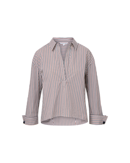 Veronica Beard | Draymond Striped Cuff-Sleeve Shirt in Navy & Red Navy/Brandy Multi