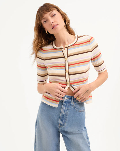 Veronica Beard | Brendan Striped Short-Sleeve Cardigan in Stone Khaki Multi Stone Khaki Multi