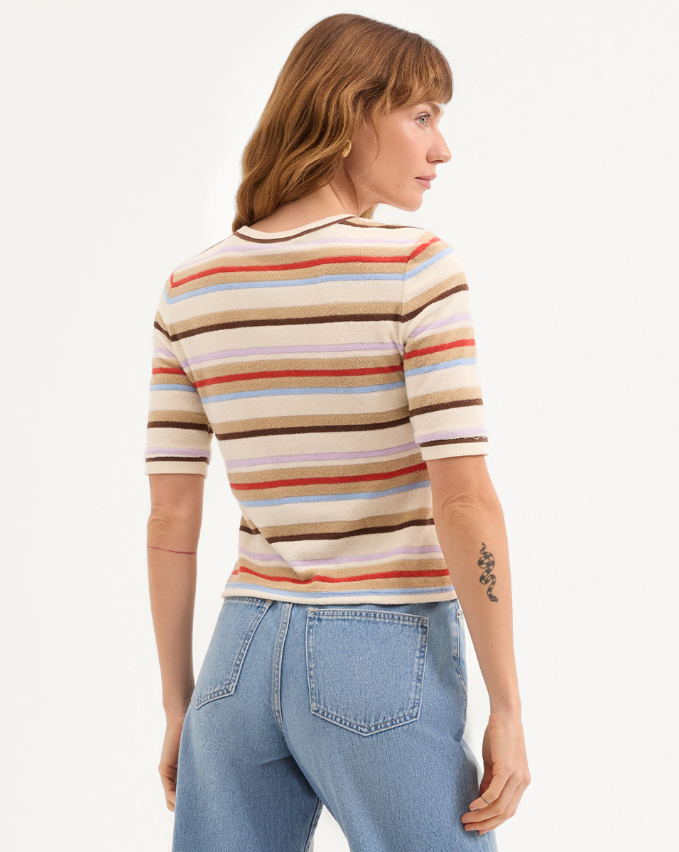 Veronica Beard | Brendan Striped Short-Sleeve Cardigan in Stone Khaki Multi Stone Khaki Multi