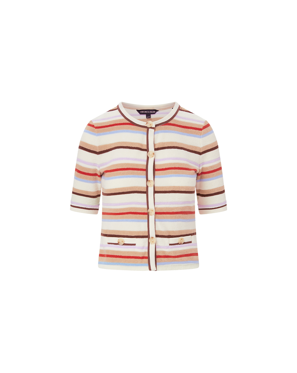 Veronica Beard | Brendan Striped Short-Sleeve Cardigan in Stone Khaki Multi Stone Khaki Multi