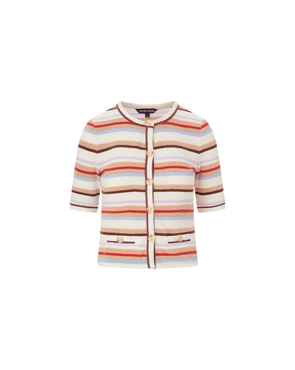 Veronica Beard | Brendan Striped Short-Sleeve Cardigan in Stone Khaki Multi Stone Khaki Multi