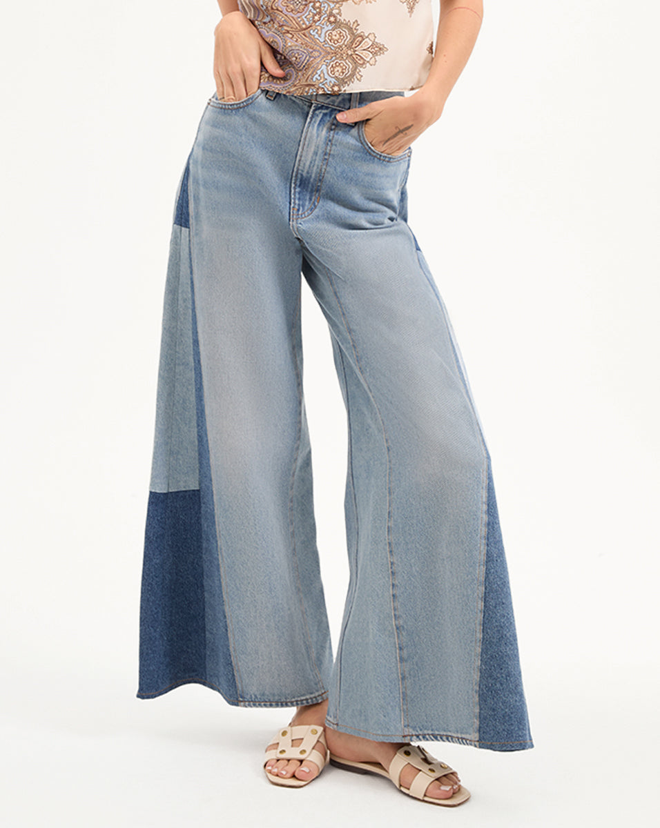 Veronica Beard | Vicki Patchwork Wide-Leg Jean in Wanderer Undone Wanderer Undone