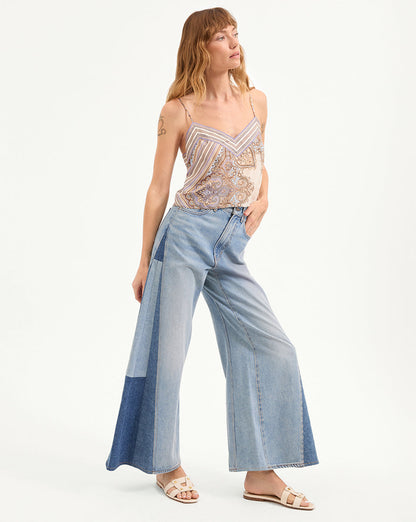 Veronica Beard | Vicki Patchwork Wide-Leg Jean in Wanderer Undone Wanderer Undone