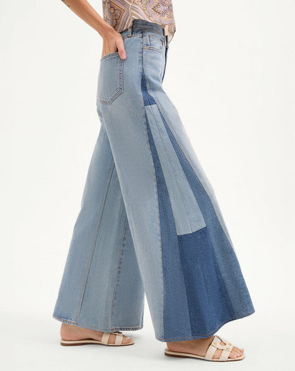 Veronica Beard | Vicki Patchwork Wide-Leg Jean in Wanderer Undone Wanderer Undone