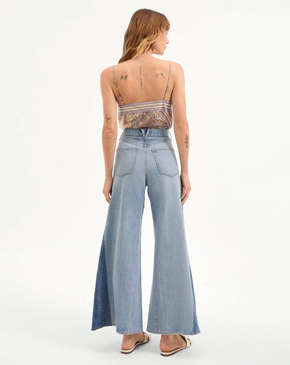 Veronica Beard | Vicki Patchwork Wide-Leg Jean in Wanderer Undone Wanderer Undone