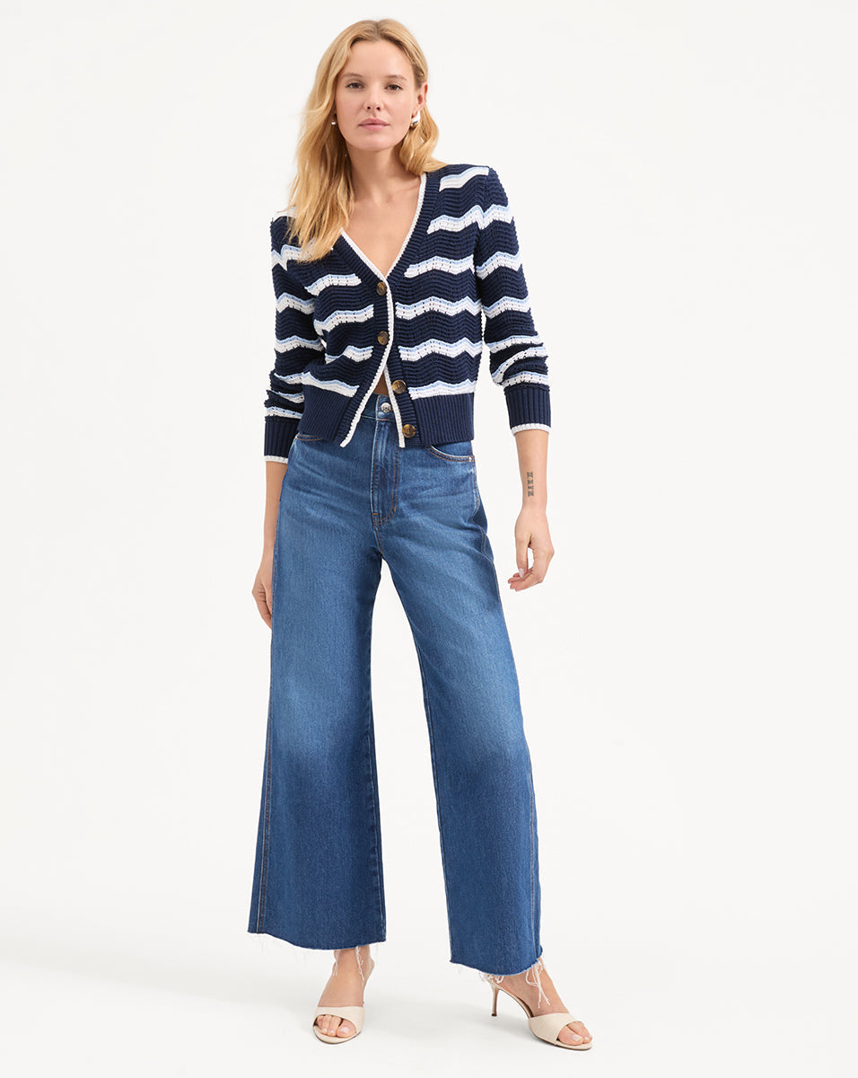 Veronica Beard | Ansonia Chevron Cardigan in Navy & White Navy/Off-White/Bluebell